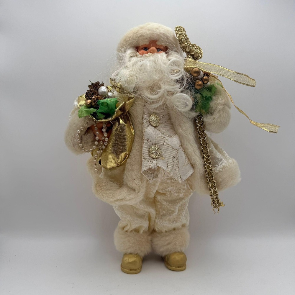 Vintage Cream and Gold Santa Claus Figurine Velvet Suit Faux Fur Trim 12 Inch